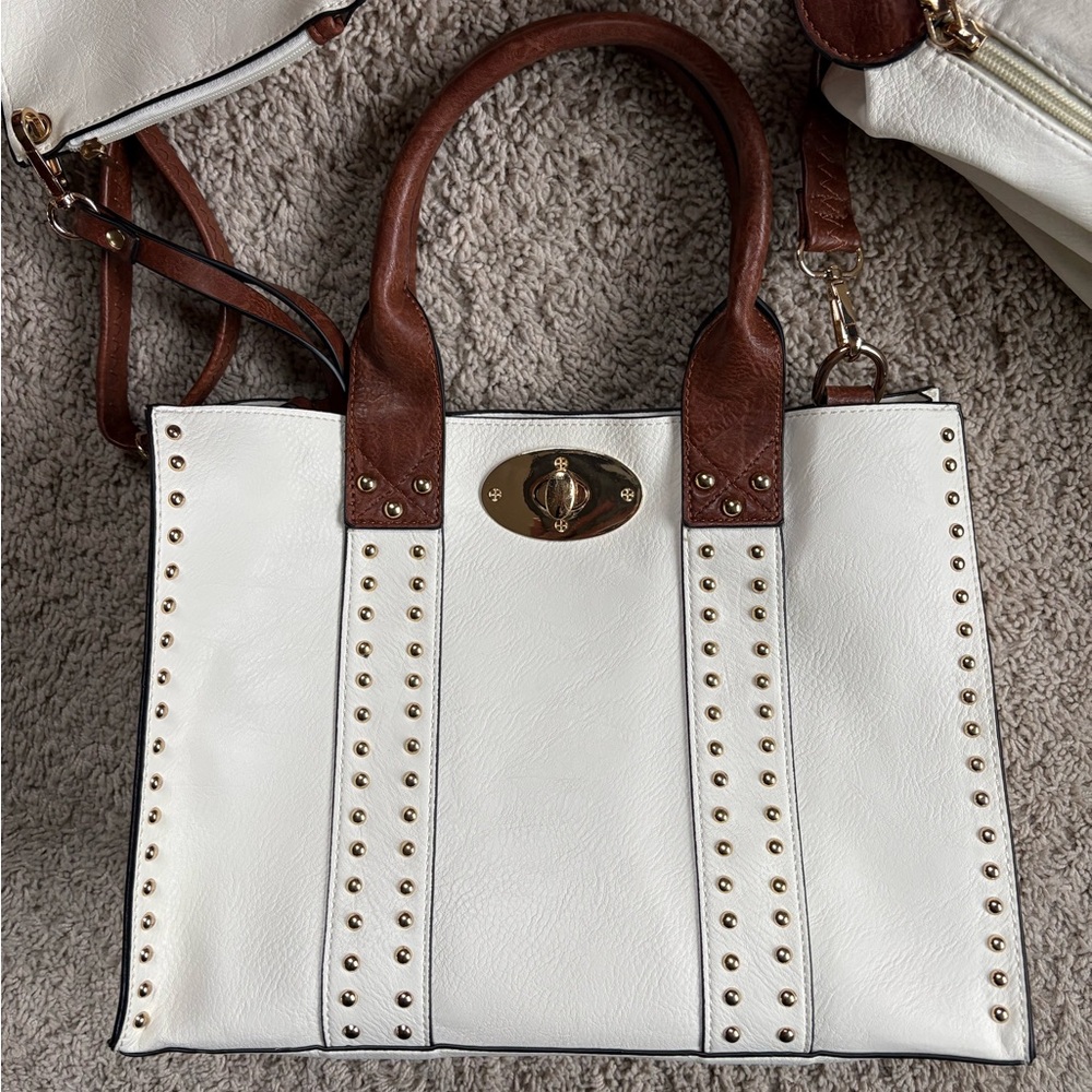 NWOT White and Brown Studded Handbag with bonus bag